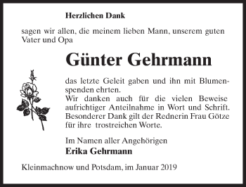Traueranzeige von Günter Gehrmann von Märkischen Allgemeine Zeitung