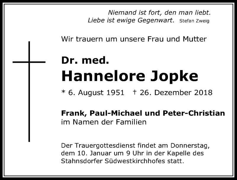  Traueranzeige für Hannelore Jopke vom 05.01.2019 aus Märkischen Allgemeine Zeitung