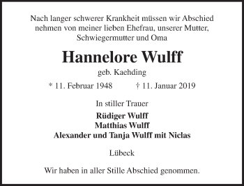 Traueranzeige von Hannelore Wulff von Lübecker Nachrichten
