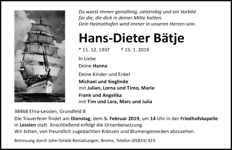  Traueranzeige für Hans-Dieter Bätje vom 19.01.2019 aus Aller Zeitung