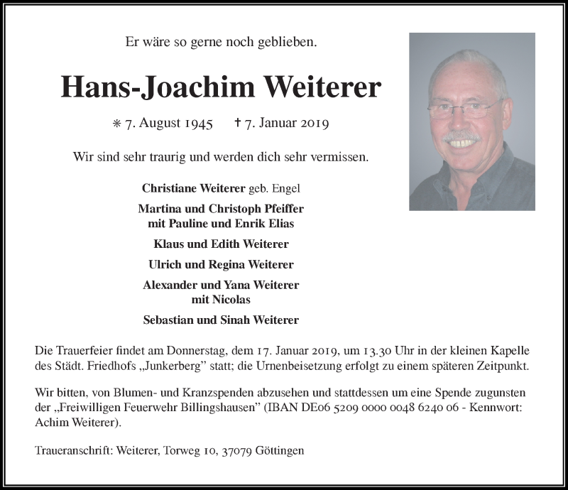  Traueranzeige für Hans-Joachim Weiterer vom 12.01.2019 aus Göttinger Tageblatt