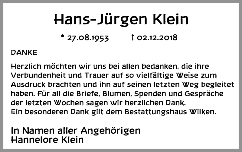  Traueranzeige für Hans-Jürgen Klein vom 12.01.2019 aus Ostsee-Zeitung GmbH
