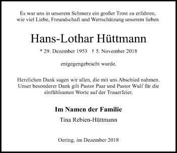 Traueranzeige von Hans-Lothar Hüttmann von Kieler Nachrichten