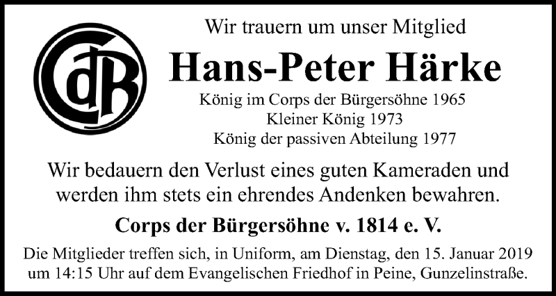  Traueranzeige für Hans-Peter Härke vom 09.01.2019 aus Peiner Allgemeine Zeitung