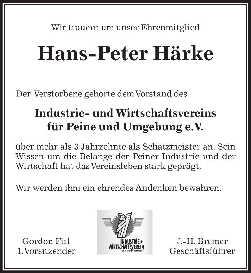  Traueranzeige für Hans-Peter Härke vom 12.01.2019 aus Peiner Allgemeine Zeitung