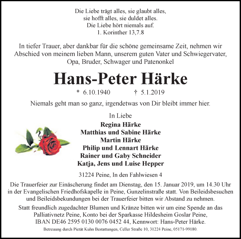  Traueranzeige für Hans-Peter Härke vom 09.01.2019 aus Peiner Allgemeine Zeitung