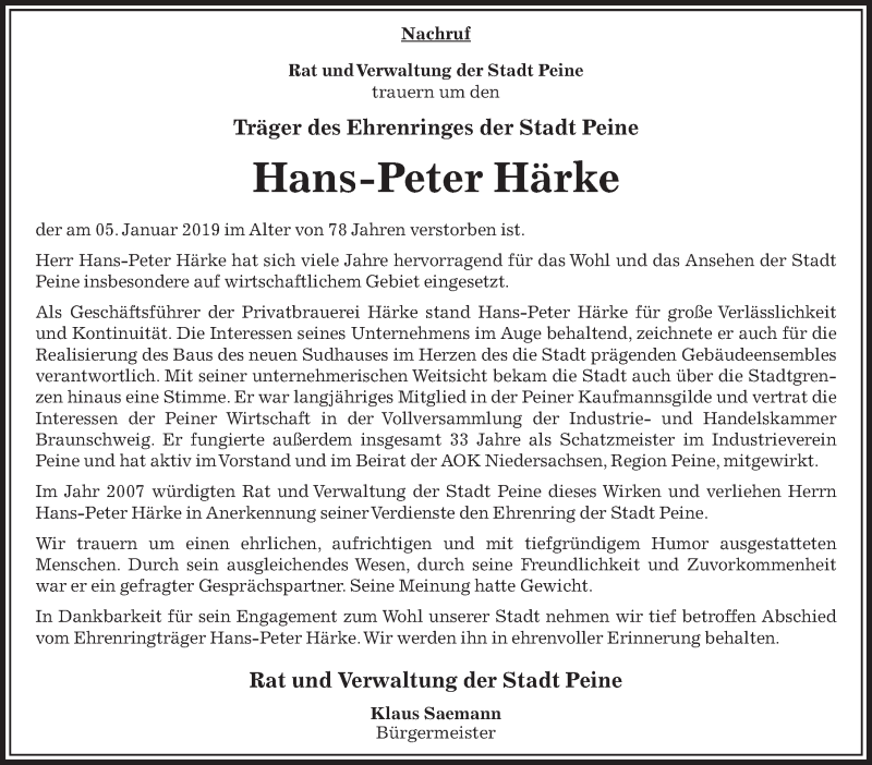  Traueranzeige für Hans-Peter Härke vom 10.01.2019 aus Peiner Allgemeine Zeitung
