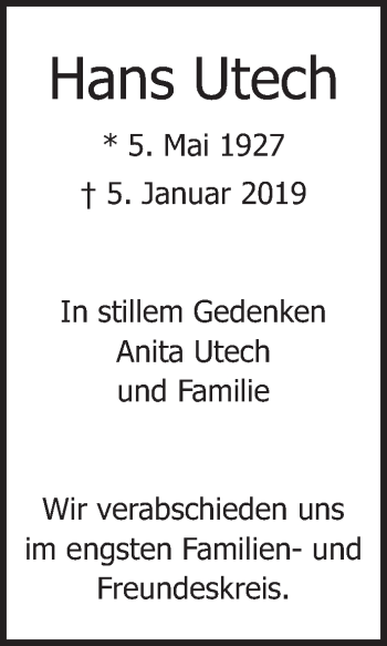 Traueranzeige von Hans Utech von Lübecker Nachrichten