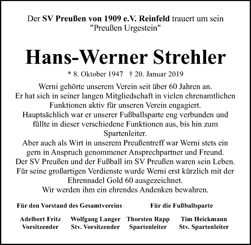  Traueranzeige für Hans-Werner Strehler vom 24.01.2019 aus Lübecker Nachrichten