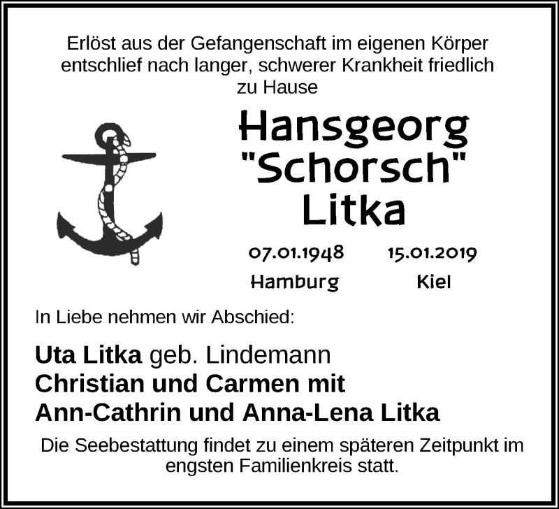  Traueranzeige für Hansgeorg Litka vom 19.01.2019 aus Kieler Nachrichten
