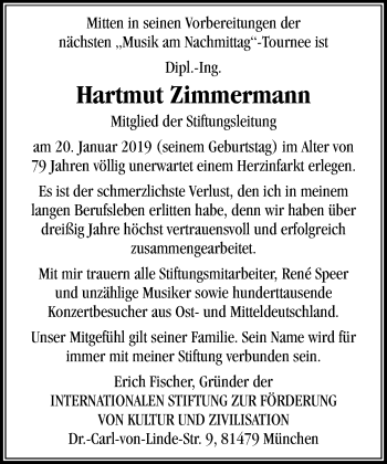 Traueranzeige von Hartmut Zimmermann von Leipziger Volkszeitung
