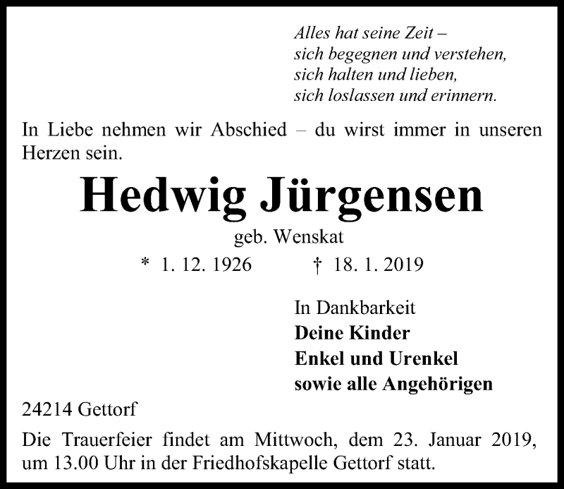  Traueranzeige für Hedwig Jürgensen vom 19.01.2019 aus Kieler Nachrichten