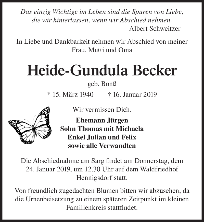  Traueranzeige für Heide-Gundula Becker vom 19.01.2019 aus Märkischen Allgemeine Zeitung