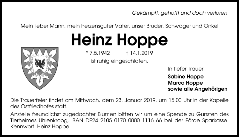  Traueranzeige für Heinz Hoppe vom 19.01.2019 aus Kieler Nachrichten