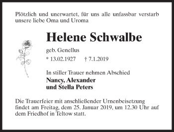 Traueranzeige von Helene Schwalbe von Märkischen Allgemeine Zeitung