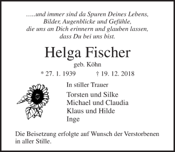 Traueranzeige von Helga Fischer von Lübecker Nachrichten