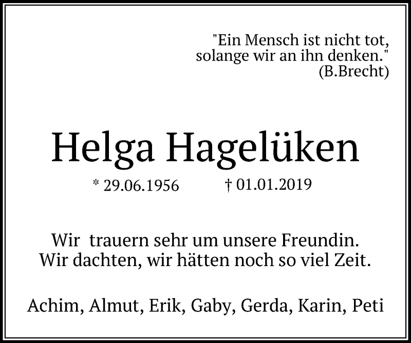  Traueranzeige für Helga Hagelüken vom 12.01.2019 aus Göttinger Tageblatt