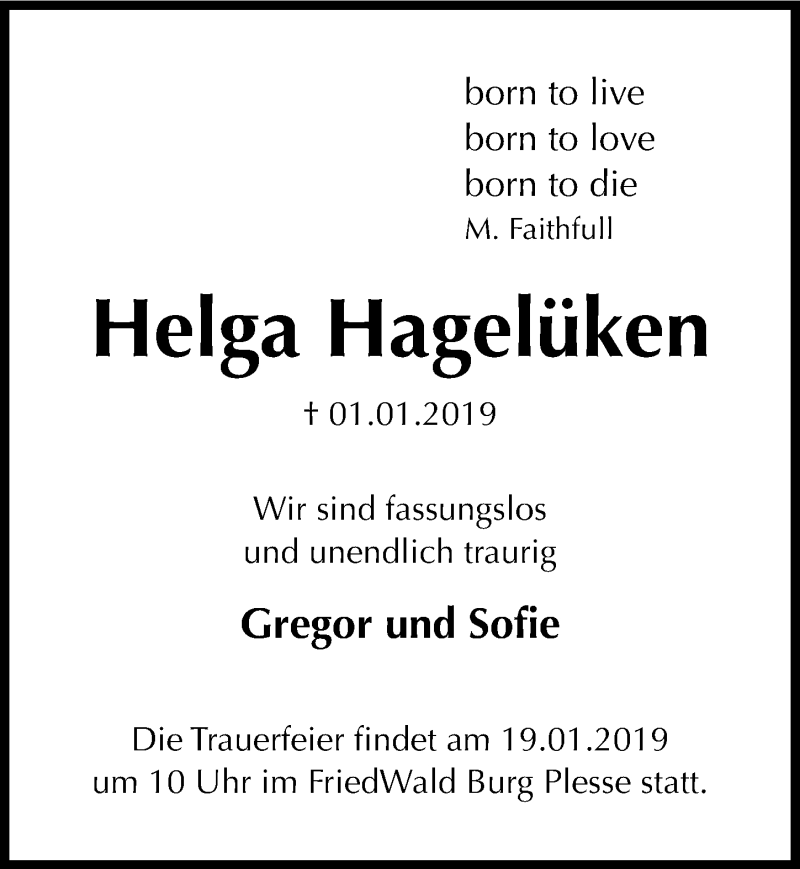  Traueranzeige für Helga Hagelüken vom 12.01.2019 aus Göttinger Tageblatt