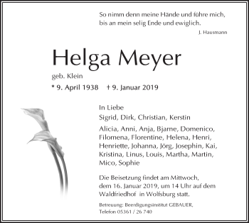 Traueranzeige von Helga Meyer von Aller Zeitung