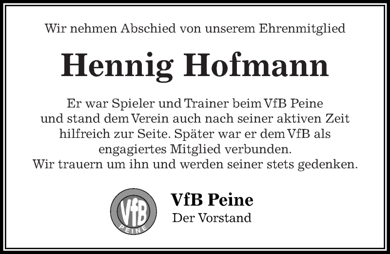  Traueranzeige für Hennig Hofmann vom 17.01.2019 aus Peiner Allgemeine Zeitung