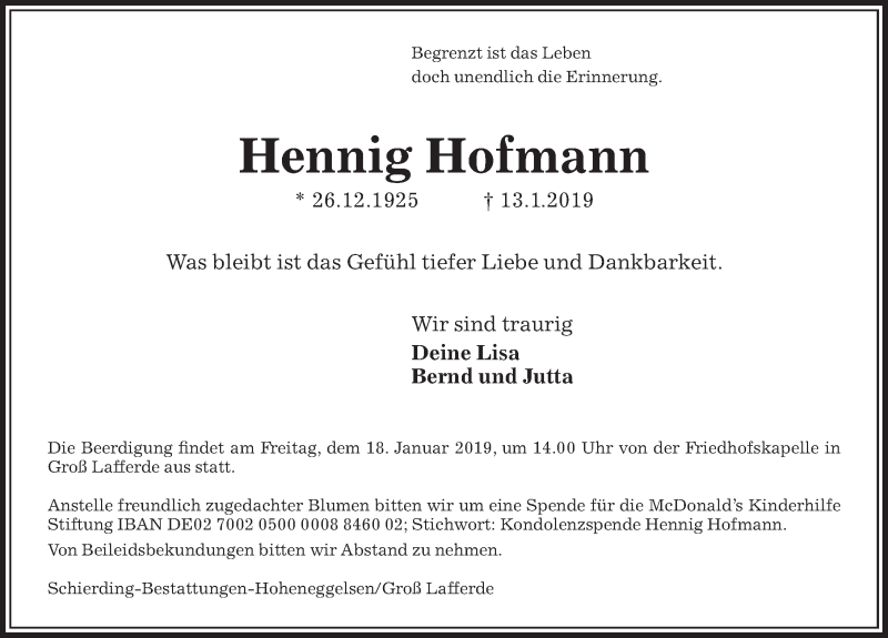  Traueranzeige für Hennig Hofmann vom 16.01.2019 aus Peiner Allgemeine Zeitung