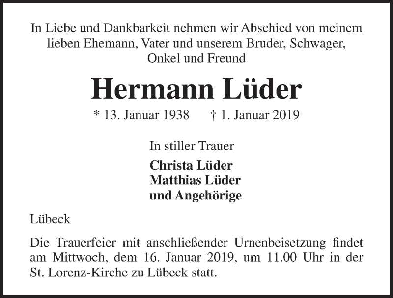  Traueranzeige für Hermann Lüder vom 13.01.2019 aus Lübecker Nachrichten