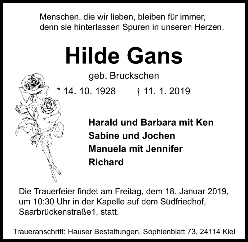  Traueranzeige für Hilde Gans vom 16.01.2019 aus Kieler Nachrichten