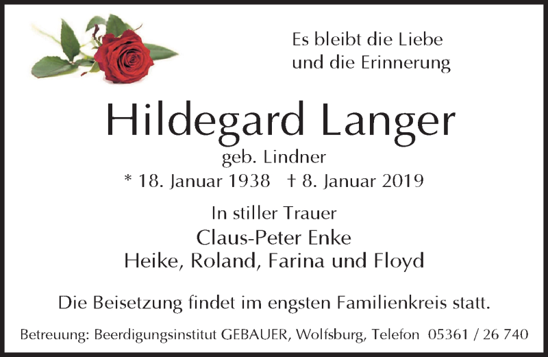  Traueranzeige für Hildegard Langer vom 12.01.2019 aus Aller Zeitung