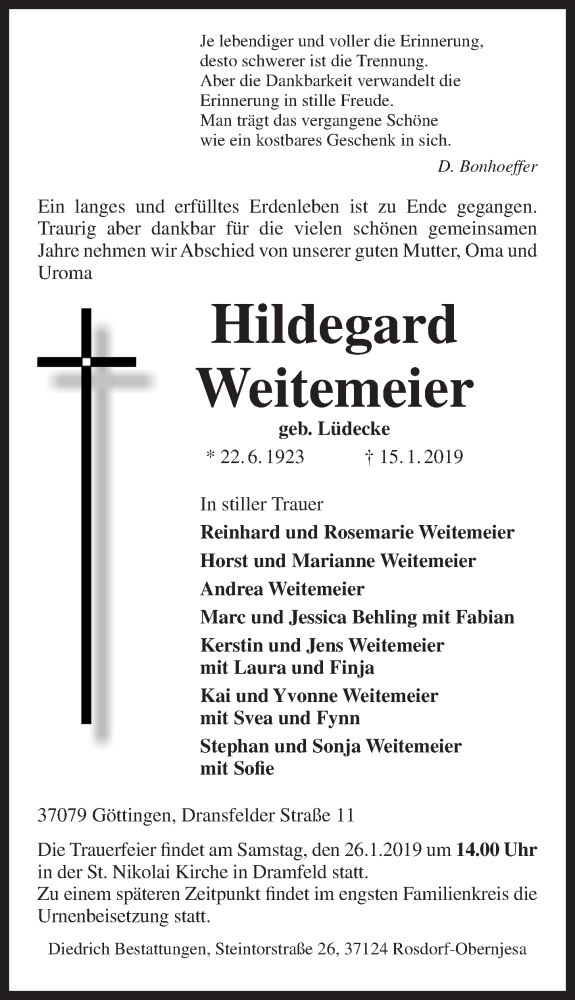  Traueranzeige für Hildegard Weitemeier vom 19.01.2019 aus Göttinger Tageblatt