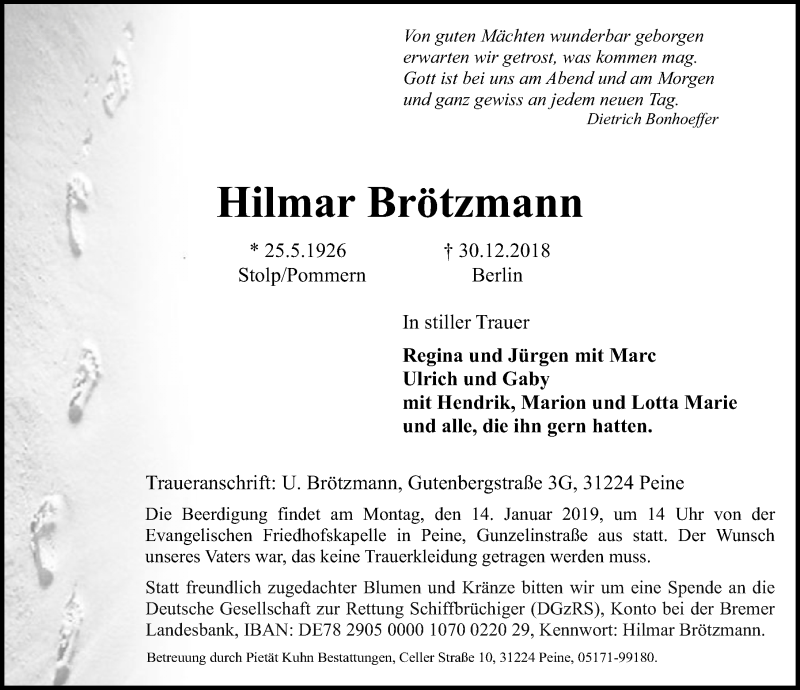  Traueranzeige für Hilmar Brötzmann vom 05.01.2019 aus Peiner Allgemeine Zeitung