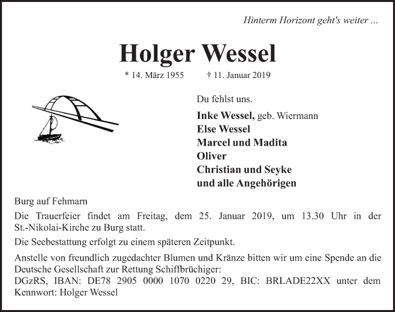  Traueranzeige für Holger Wessel vom 18.01.2019 aus Lübecker Nachrichten