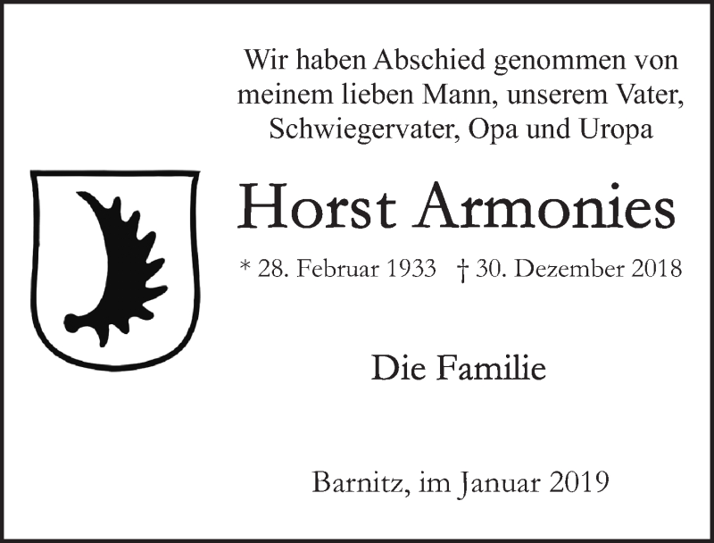  Traueranzeige für Horst Armonies vom 06.01.2019 aus Lübecker Nachrichten