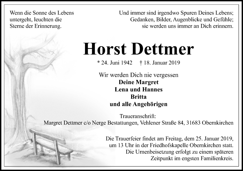  Traueranzeige für Horst Dettmer vom 22.01.2019 aus Schaumburger Nachrichten