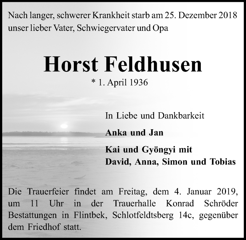  Traueranzeige für Horst Feldhusen vom 02.01.2019 aus Kieler Nachrichten