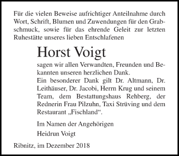 Traueranzeige von Horst Voigt von Ostsee-Zeitung GmbH