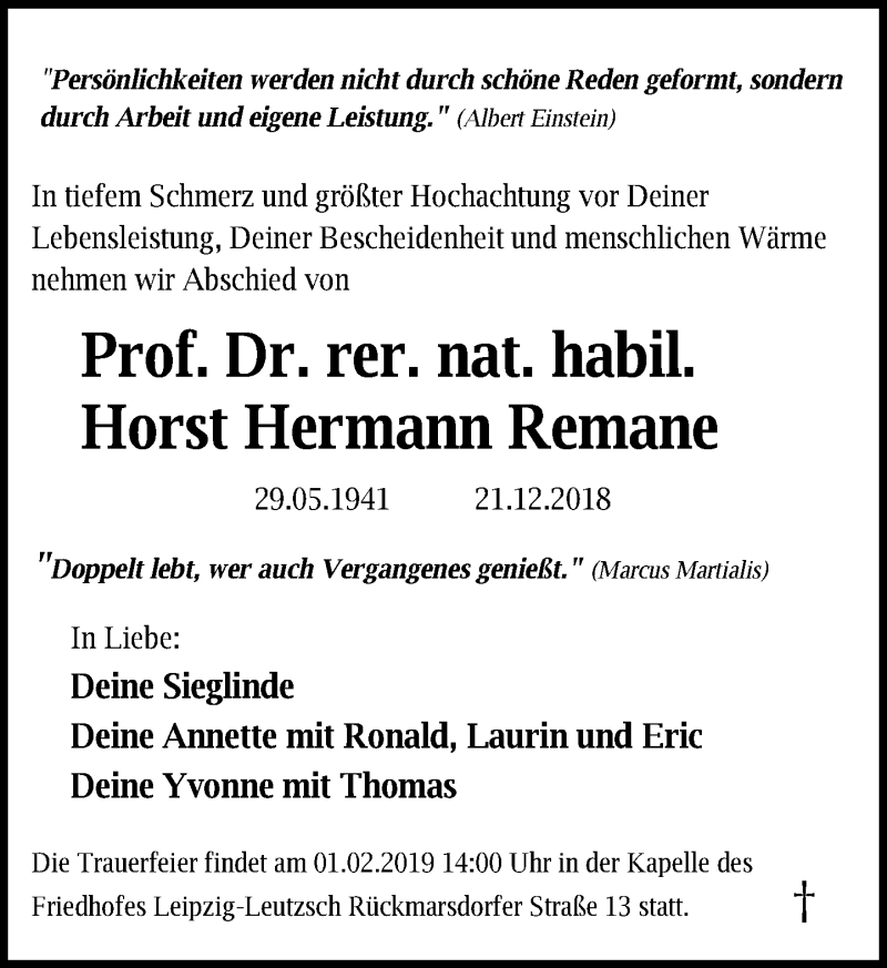  Traueranzeige für Horst Hermann Remane vom 12.01.2019 aus Leipziger Volkszeitung