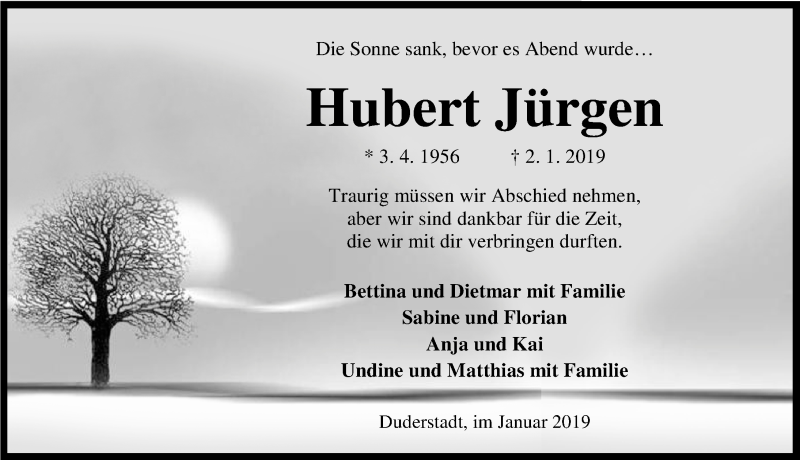  Traueranzeige für Hubert Jürgen vom 05.01.2019 aus Eichsfelder Tageblatt