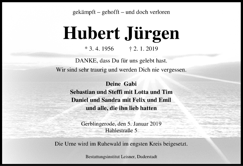 Traueranzeige für Hubert Jürgen vom 05.01.2019 aus Eichsfelder Tageblatt