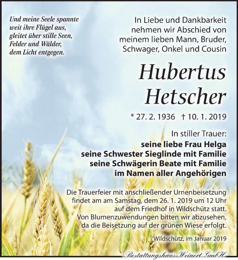  Traueranzeige für Hubertus Hetscher vom 19.01.2019 aus Torgauer Zeitung
