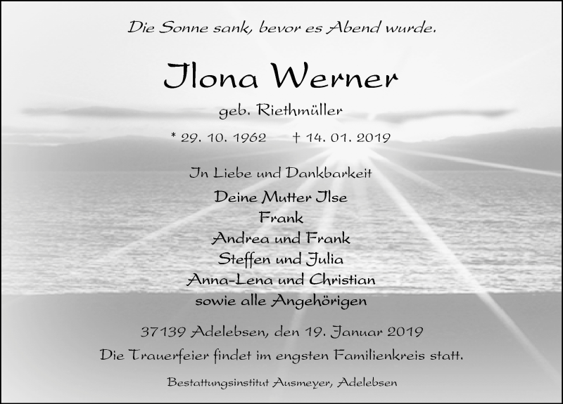  Traueranzeige für Ilona Werner vom 19.01.2019 aus Göttinger Tageblatt