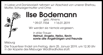 Traueranzeige von Ilse Bodemann von Hannoversche Allgemeine Zeitung/Neue Presse