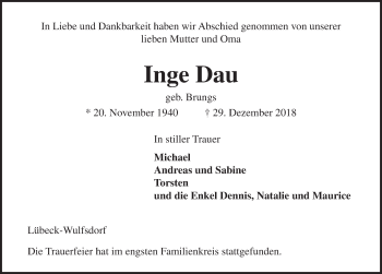 Traueranzeige von Inge Dau von Lübecker Nachrichten