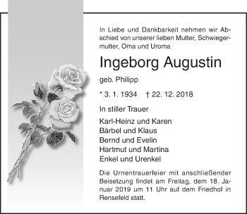 Traueranzeige von Ingeborg Augustin von Lübecker Nachrichten