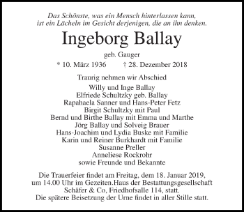Traueranzeige von Ingeborg Ballay von Lübecker Nachrichten