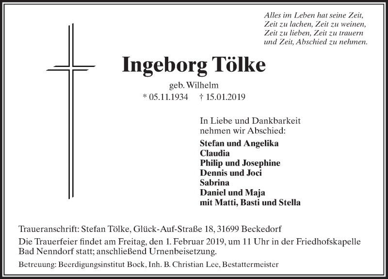  Traueranzeige für Ingeborg Tölke vom 19.01.2019 aus Schaumburger Nachrichten