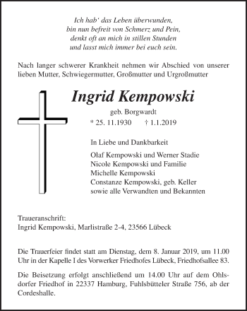 Traueranzeige von Ingrid Kempowski von Lübecker Nachrichten