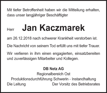 Traueranzeige von Jan Kaczmarek von Ostsee-Zeitung GmbH