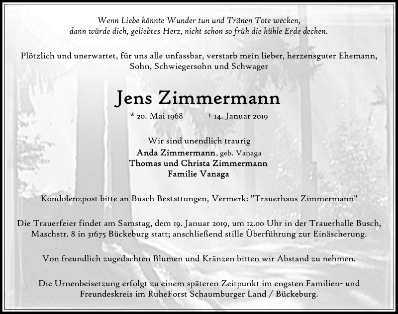  Traueranzeige für Jens Zimmermann vom 17.01.2019 aus Schaumburger Nachrichten
