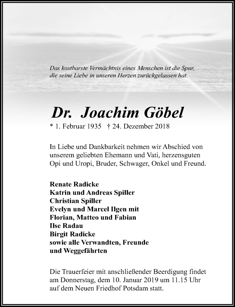 Traueranzeige für Joachim Göbel vom 05.01.2019 aus Märkischen Allgemeine Zeitung