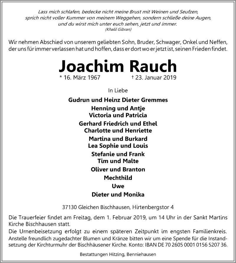  Traueranzeige für Joachim Rauch vom 26.01.2019 aus 